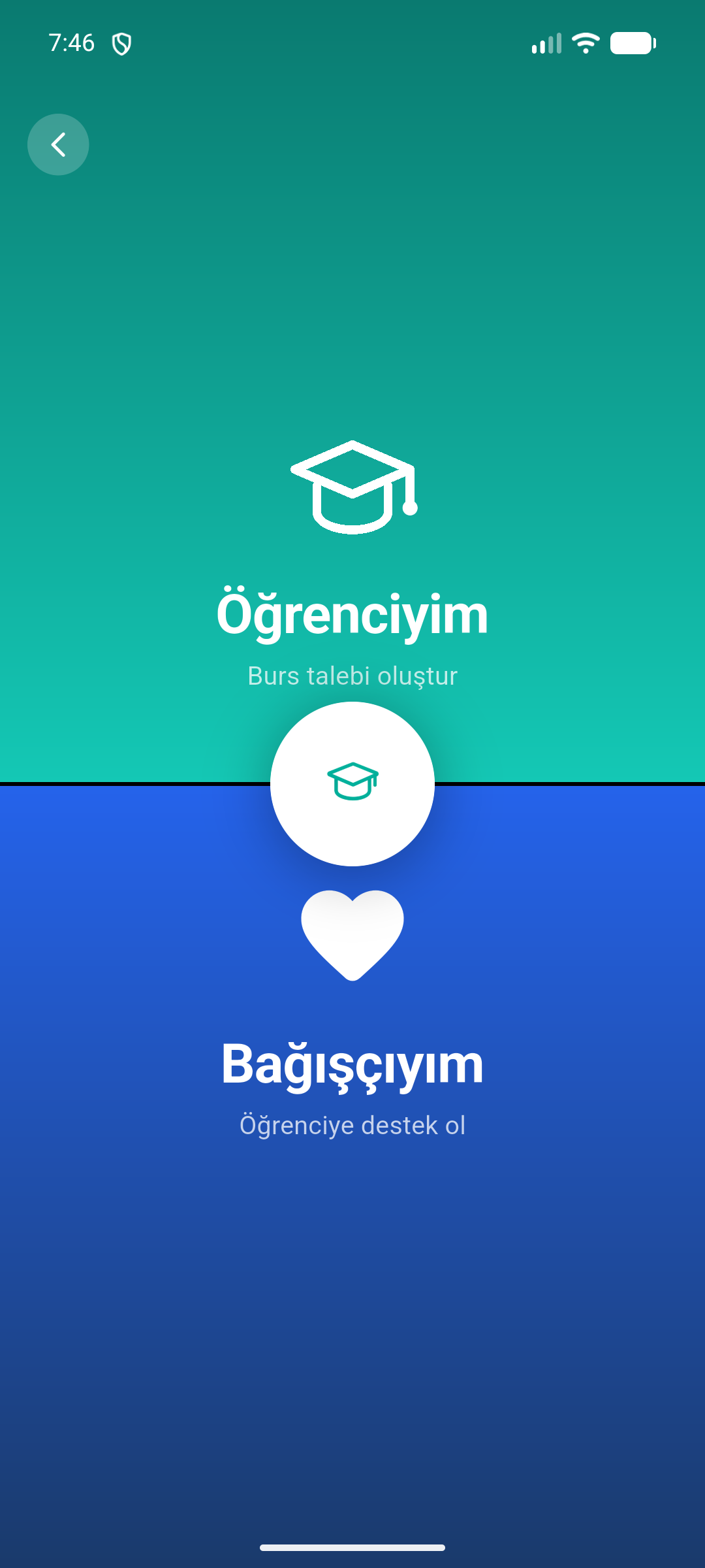 Öğrenci veya bağışçı rolü seçim ekranı